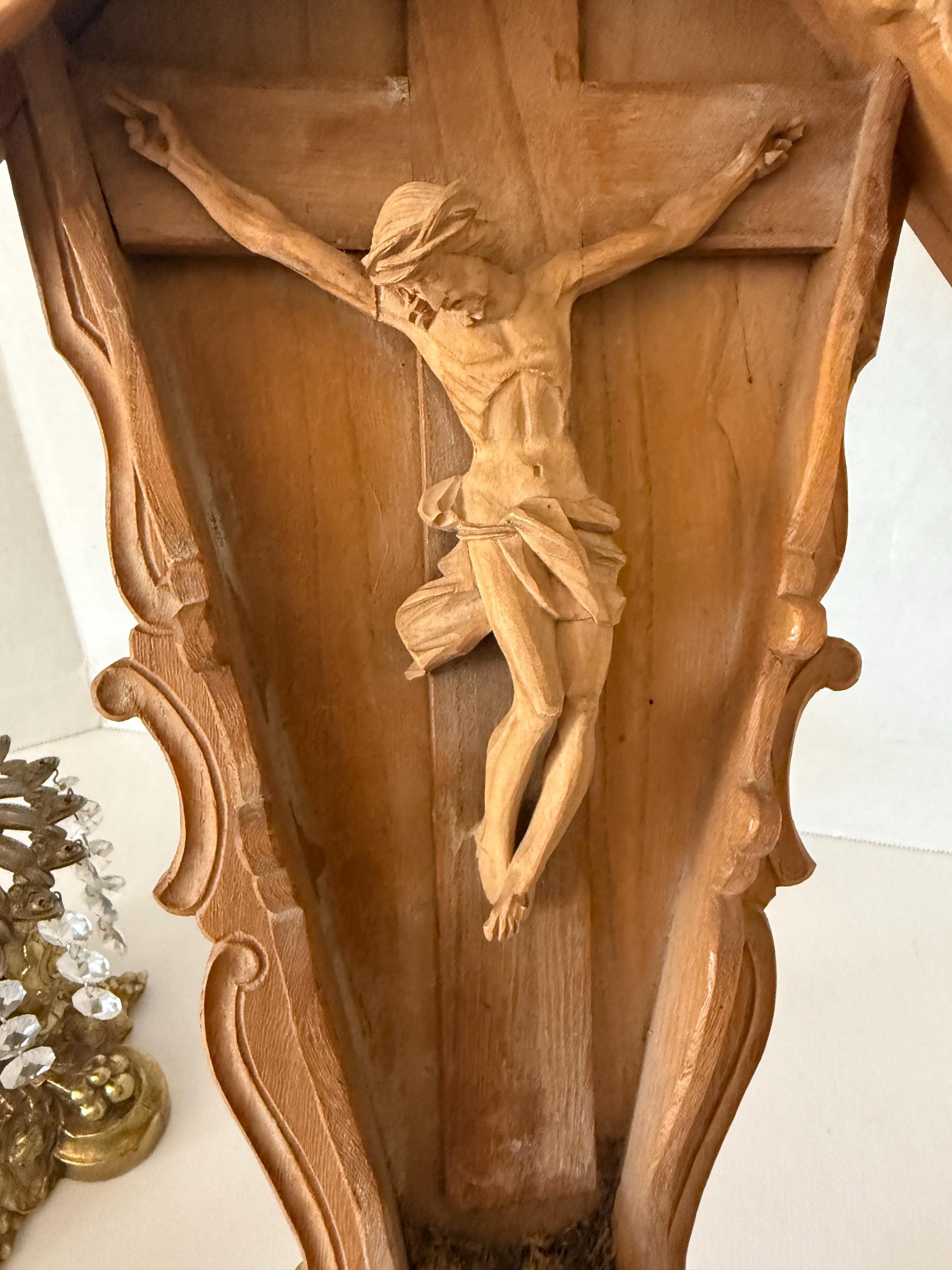 Antique German Hand Carved Wooden Crucifix Wall Panel – Bavarian