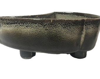 Vintage modernist Stil Komma flache Schale Pflanzgefäß, Vintage Mid Century Stil braune Keramik Fußschale, MCM braun gesprenkelte Keramik Pflanzgefäß.