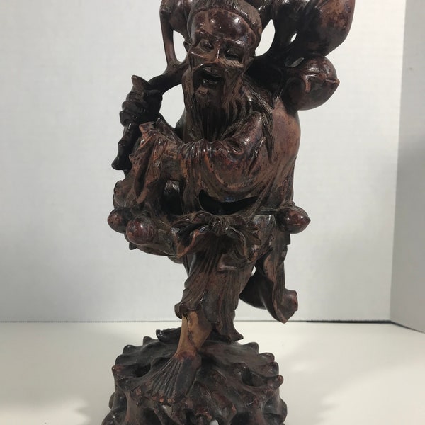 Vintage Asian statue, Antique hand carved immortal figural statue.  man holding peach branch statue, Chinoiserie carved rosewood statue.