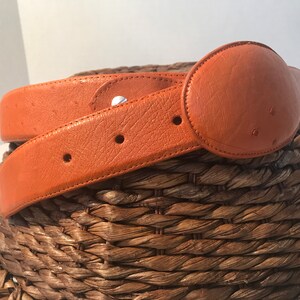 Op de afbeelding: Een bruine leren riem met een ronde gesp. De riem is dubbelgevouwen en de gesp ligt bovenop de riem.