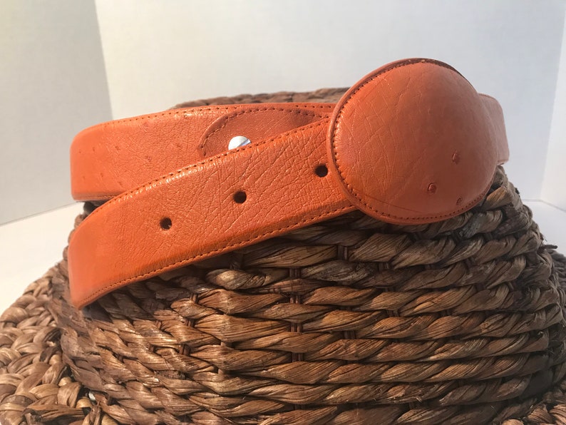 Op de afbeelding: Een bruine leren riem met een ronde gesp. De riem is dubbelgevouwen en de gesp ligt bovenop de riem.