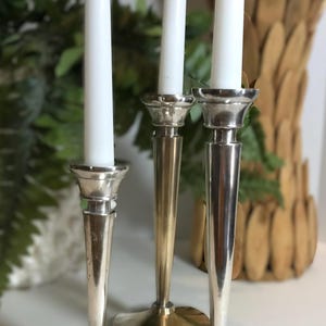Pottery Barn silverplate candle holder, Pottery Barn silverplate graduating candle holder set of 3, Pottery Barn silver taper candle holders