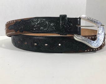 Vintage Tooled Leather and Cow Hair Tony Lama Western Belt  display picture 3