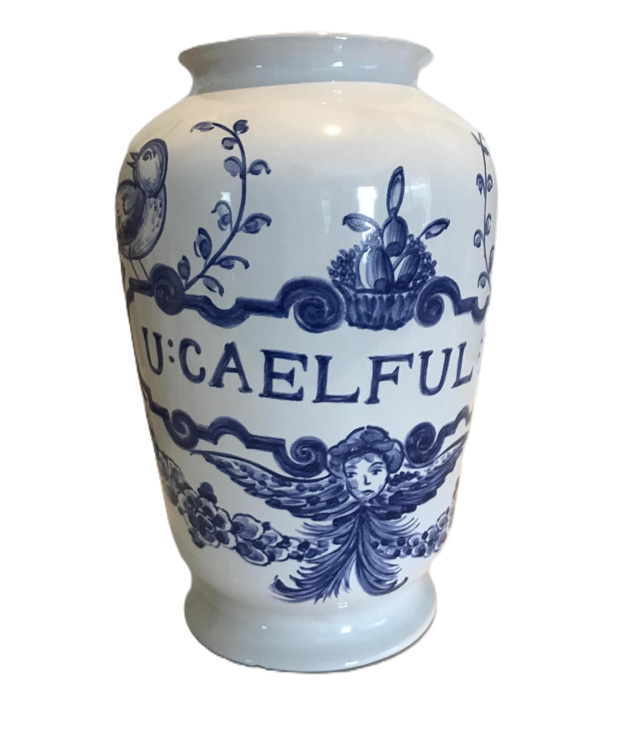青い鳥の手描き陶器花瓶　アンティーク 青い鳥の手描き陶器花瓶 アンティーク ヴィンテージの白と青の陶器の手描き