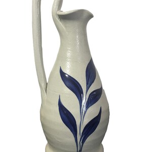 Vintage ceramic small pitcher, signed, Vintage beige and blue stonewaresmall pitcher, Elegant stoneware ceramic pitcher vase with handle