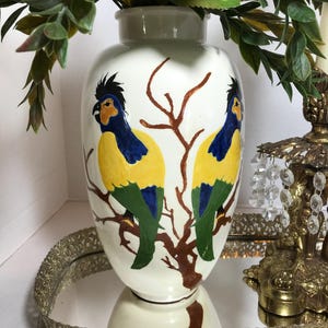 Vintage ceramic bird vase, Large hand painted parrot vase, signed, Vintage colorful handpainted parrot bird vase, Vintage artsy parrot vase