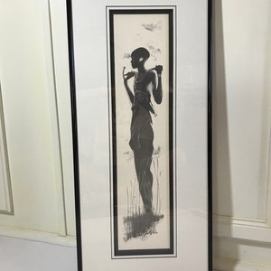 Vintage Jack Price black and white signed art, Jack Price African American woman in flowers framed art, Jack Price unique signed wall art
