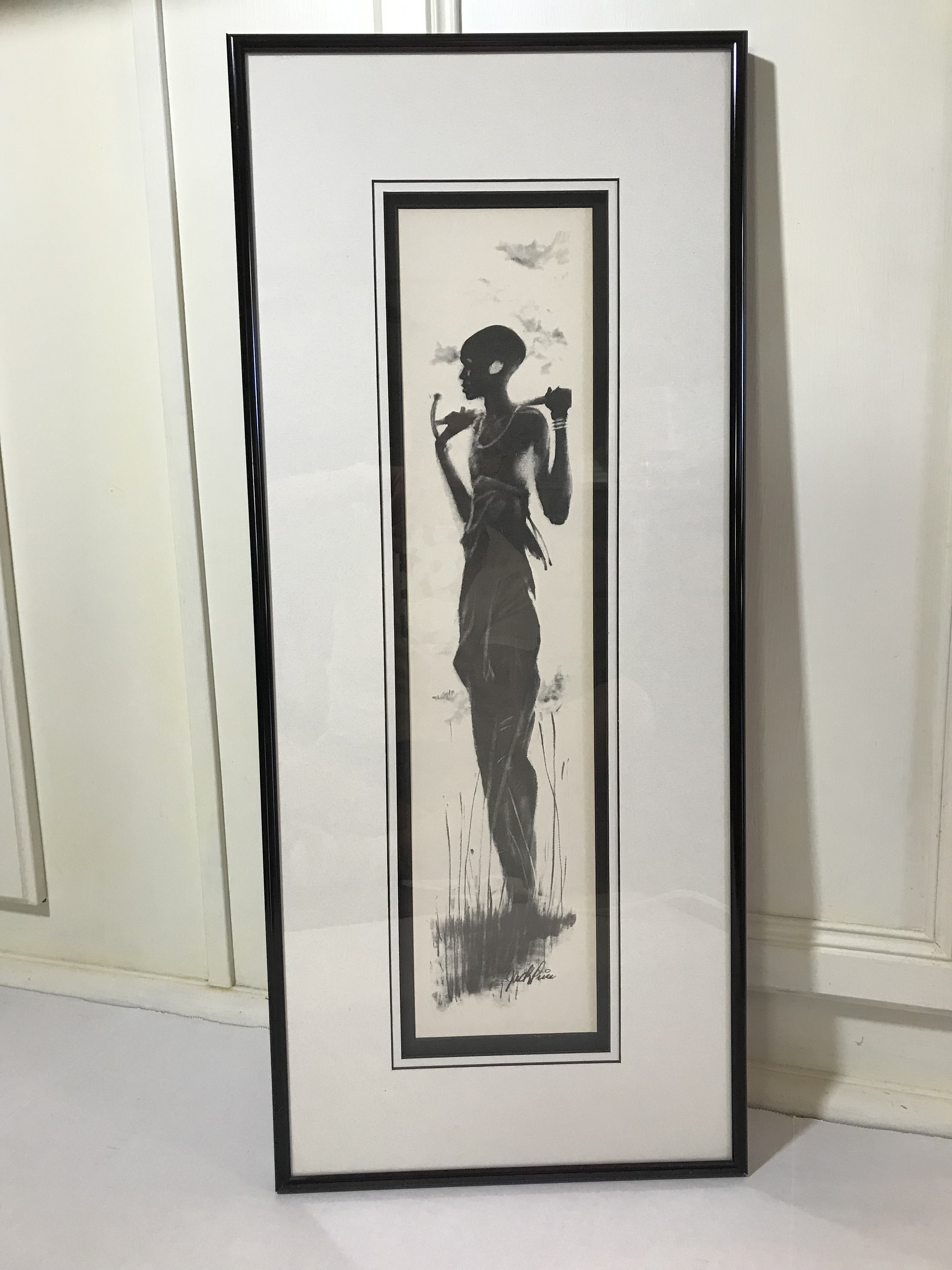 Vintage Jack Price black and white signed art, Jack Price African American woman in flowers framed art, Jack Price unique signed wall art