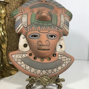 Vintage Mayan Sun God mask, Vtg terracotta Aztec hand painted pottery wall mask, Vintage hand made red clay pottery mask wall decor