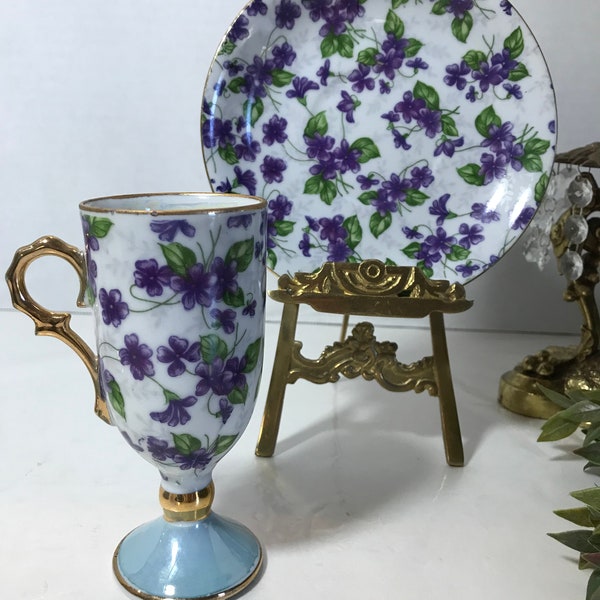 Vintage porcelain chintz teacup and saucer, Victorian look floral teacup and plate, Vtg shabby chic purple chintz floral teacup set