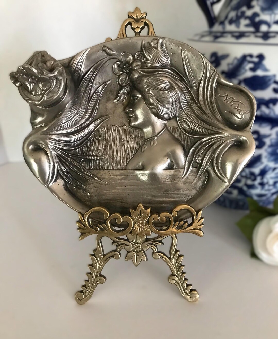 Vintage Nicolas Vidal Art Nouveau Style Pewter Inkwell Trinket