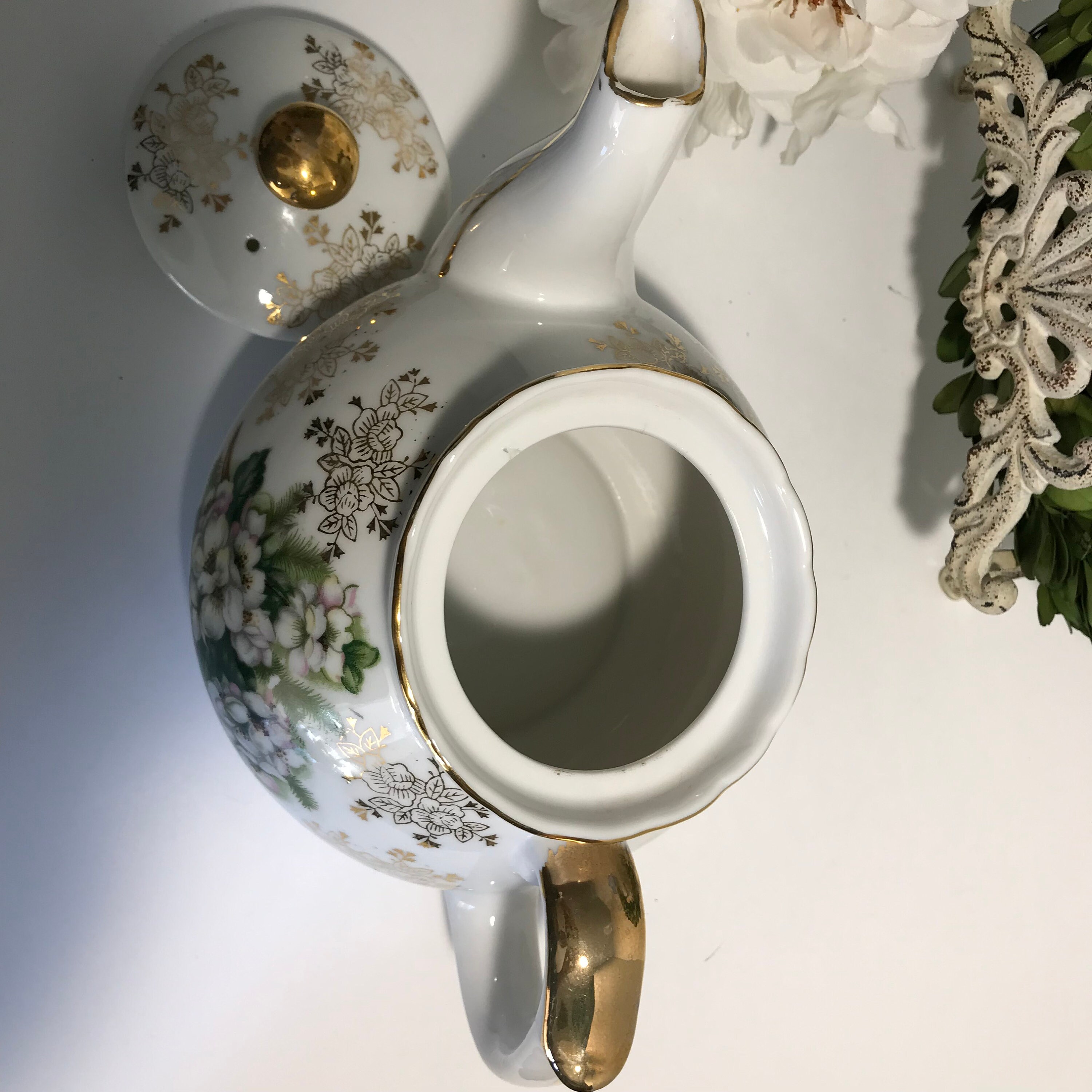 Vintage Arnart 5th Avenue Hand Painted White Floral Teapot Etsy