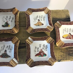 Vintage 1950s Asian hand painted small individual trinket dishes ashtrays, Japanese ceramic individual ashtrays trinket dishes (5) in set