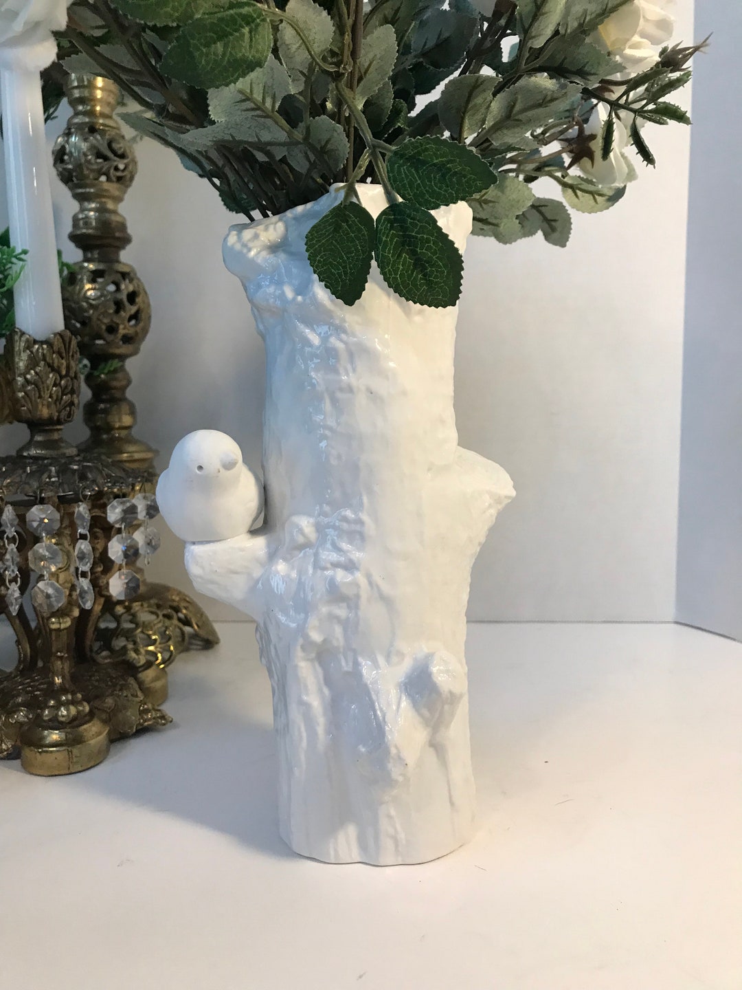 Vintage White Ceramic Vase Vintage White Tree and Bird Etsy