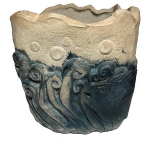 Vintage Lopez ocean and fish ceramic planter, signed, Lopez ceramic brutalist style planter with waves, shark and fish, Lopez signed pottery
