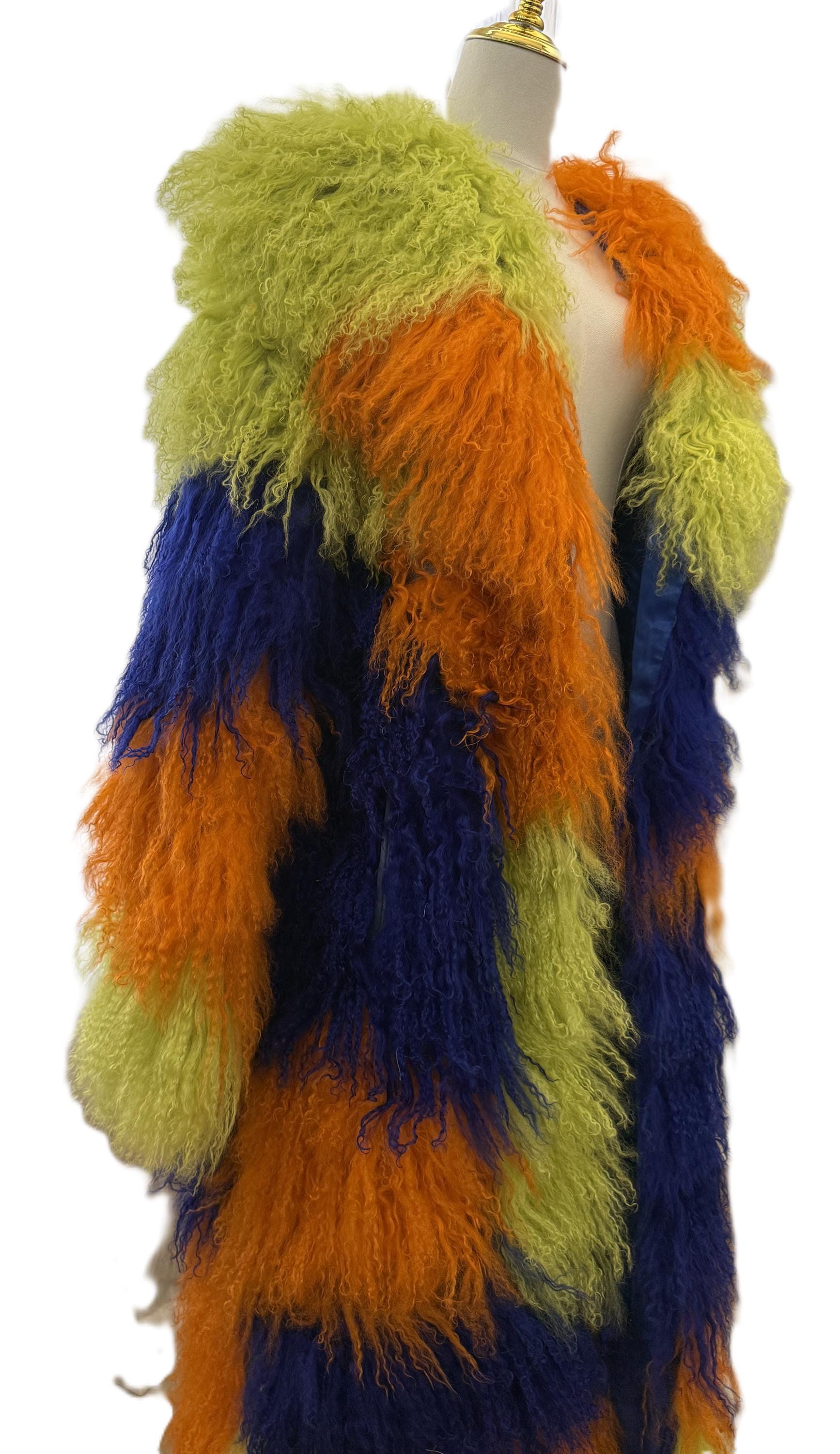 AKIRA 100% Lamb Fur Colorblock Coat 1X, Statement Mongolian Lamb