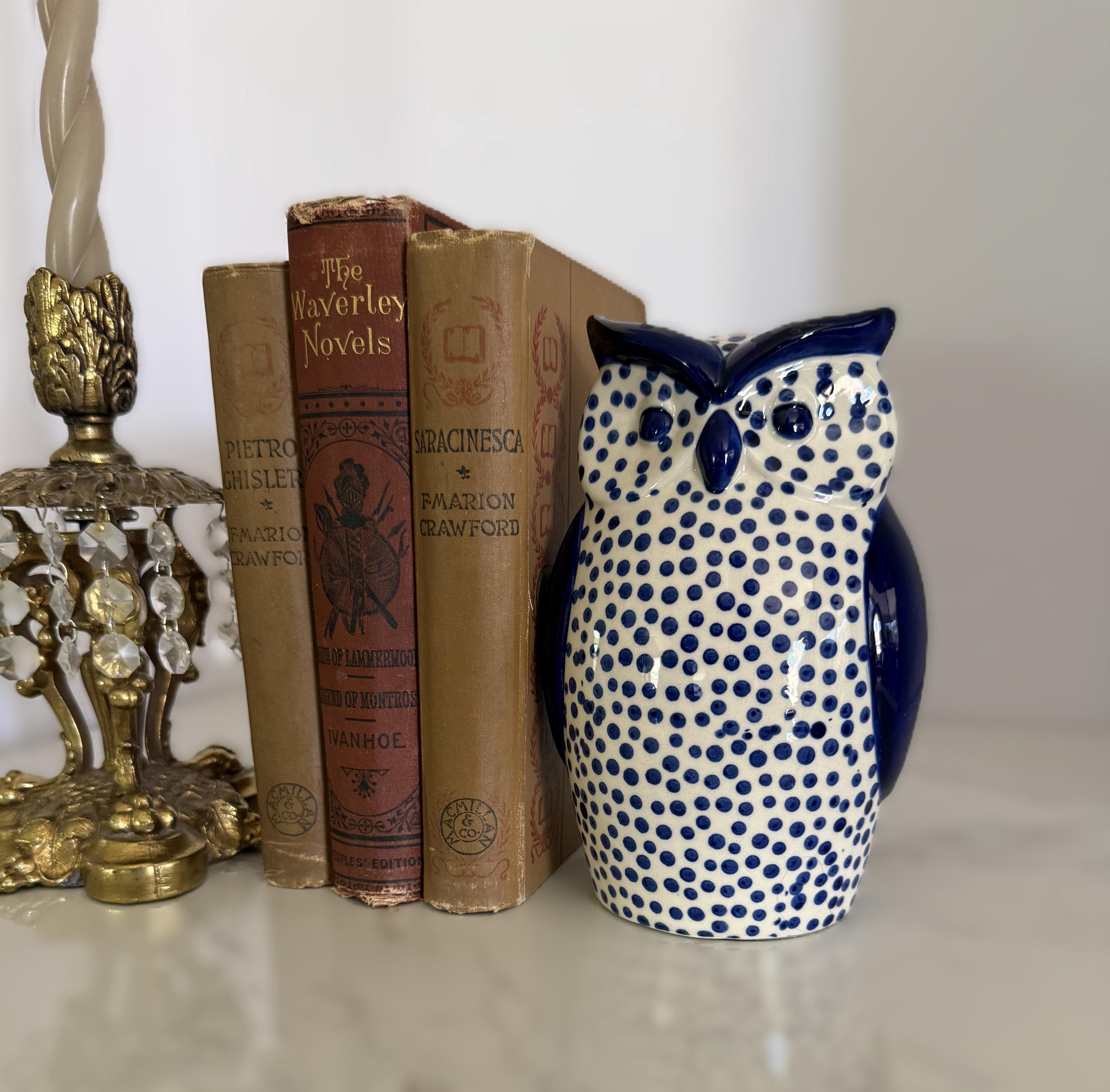 Blue and White Polka Dot Ceramic Owl Figurine Decorative Owl Statue Cobalt Blue Decor