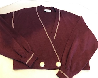 Vintage St. John Cardigan, St. John burgundy and gold cross over sweater Sz P, St. John vintage ballerina style sweater with gold buttons