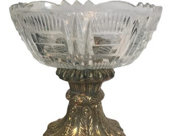 Vintage crystal bowl, Hollywood Regency cut crystal glass compote bowl on brass ornate pedestal, crystal large footed bowl, Glass brass bowl