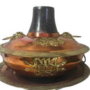 Vintage large copper and brass Chinese table top stove, Vtg copper large pot with under platter, copper stove, copper brass kitchen decor.
