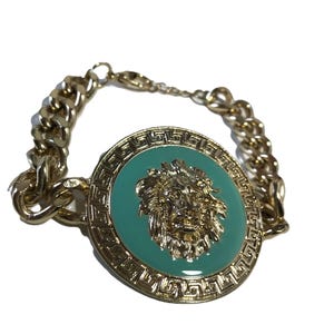 Vintage 80s Enamel Turquoise Blue Enamel Lion Head Gold  display picture 1