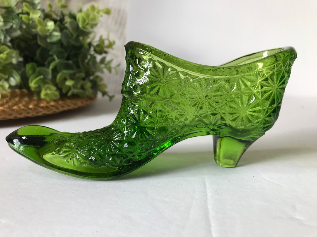 Vintage Green Glass Fenton Style Engraved Glass Shoe, Vintage Vibrant