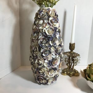 Vintage large white purple shell covered 15&quot; vase, vintage elegant purple white seashell tall vase, seashell home decor, seashell large vase