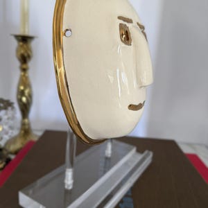 Vintage Signed Ceramic Wall Mask, Ivory Studio Pottery Face Sculpture, Modern 3D Wall Art, Bronze Trim Gallery Wall Decor image 7