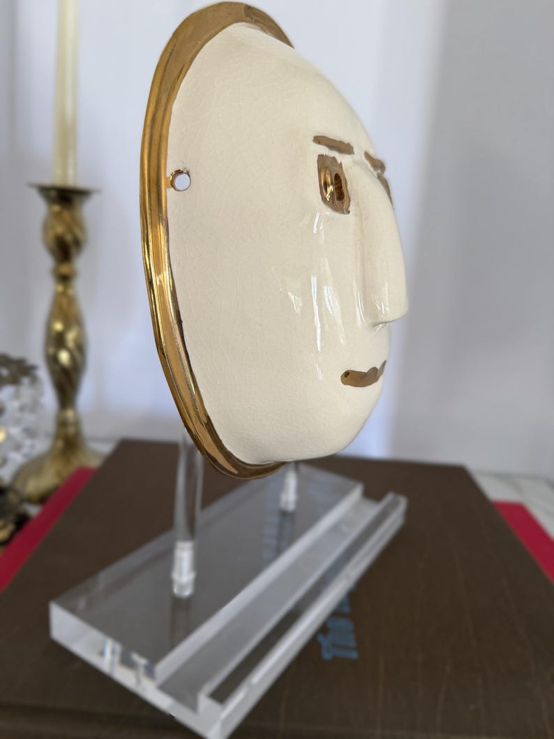Vintage Signed Ceramic Wall Mask, Ivory Studio Pottery Face Sculpture, Modern 3D Wall Art, Bronze Trim Gallery Wall Decor image 7