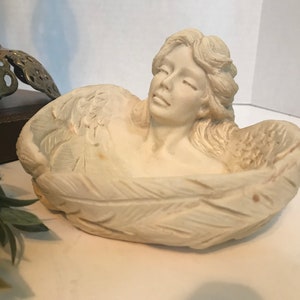 Vintage winged woman trinket dish signed, Vintage carved woman ring dish, Carved winged angel soap dish, Vtg woman with wings trinket dish