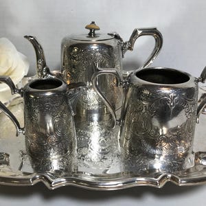 Vintage JH Potter Sheffield silver tea set, Sheffield JH Potter elegant silverplate tea pot, creamer and sugar, JH Potter engraved tea set