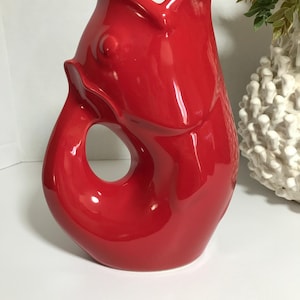 Vintage red ceramic large fish vase pitcher, Vintage red open mouth fish pitcher vase, Gurgle pot red ceramic fish water pitcher