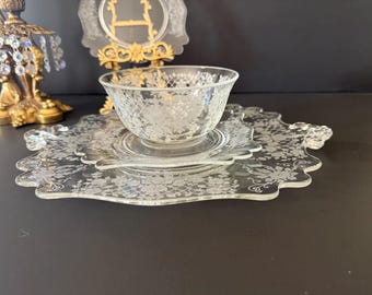 Vintage Fostoria Heather Etched Glass Serving Set – 3pc Floral Lattice Plate & Bowl Set, 1940s Elegant Glass Tray with Handles