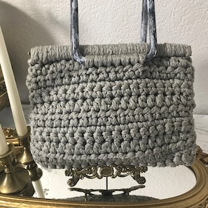Vintage 1960s 70s grey macrame and lucite handbag purse, Vintage handmade mod style macrame handbag purse, Vintage macrame purse handbag