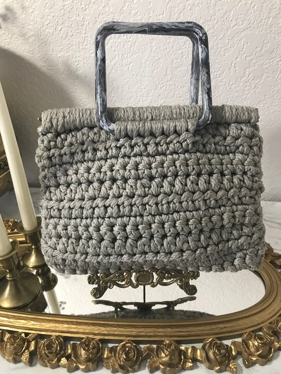 Vintage 1960s 70s grey macrame and lucite handbag 