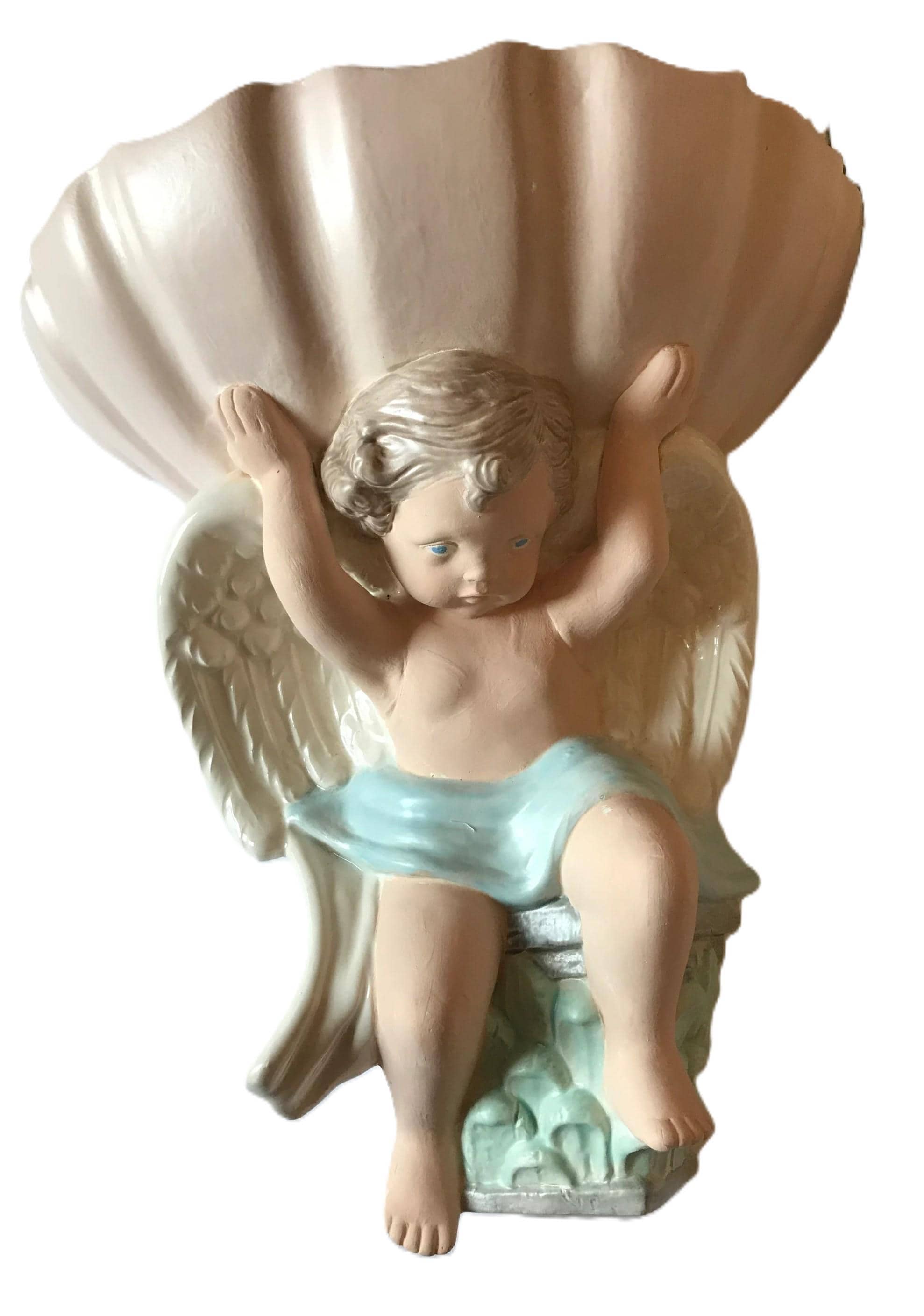 Vintage Hand Painted Chalkware Wall Pocket With Cherub, Vintage