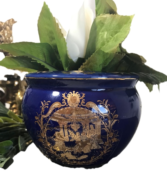 Vintage asiatischer blauer Gold kleiner Blumentopf, Vintage Goldfolie blauer kleiner Keramiktopf, Elegante blaue Chinoiserie-Vase Pflanzgefäß, Chinoiserievase