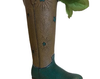Unique blue and brown boot small vase, ceramic textured fun cowboy boot planter, turquoise blue and brown cowboy boot pen pencil holder