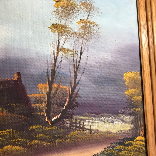 Mid Century Asian countryside cottage setting original oil shops painting, artist signed, original artist signed painting, Windmill oil painting