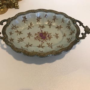 Vintage porcelain and bronze hand painted footed trinket dish, Unique bronze and porcelain hand painted Chinoiserie style ornate footed dish