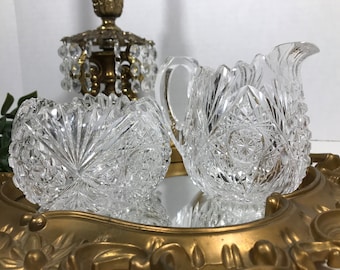 Vintage Hollywood Regency cut crystal creamer and sugar bowl, Royal Pattern crystal glass cream sugar set, elegant crystal cream sugar set