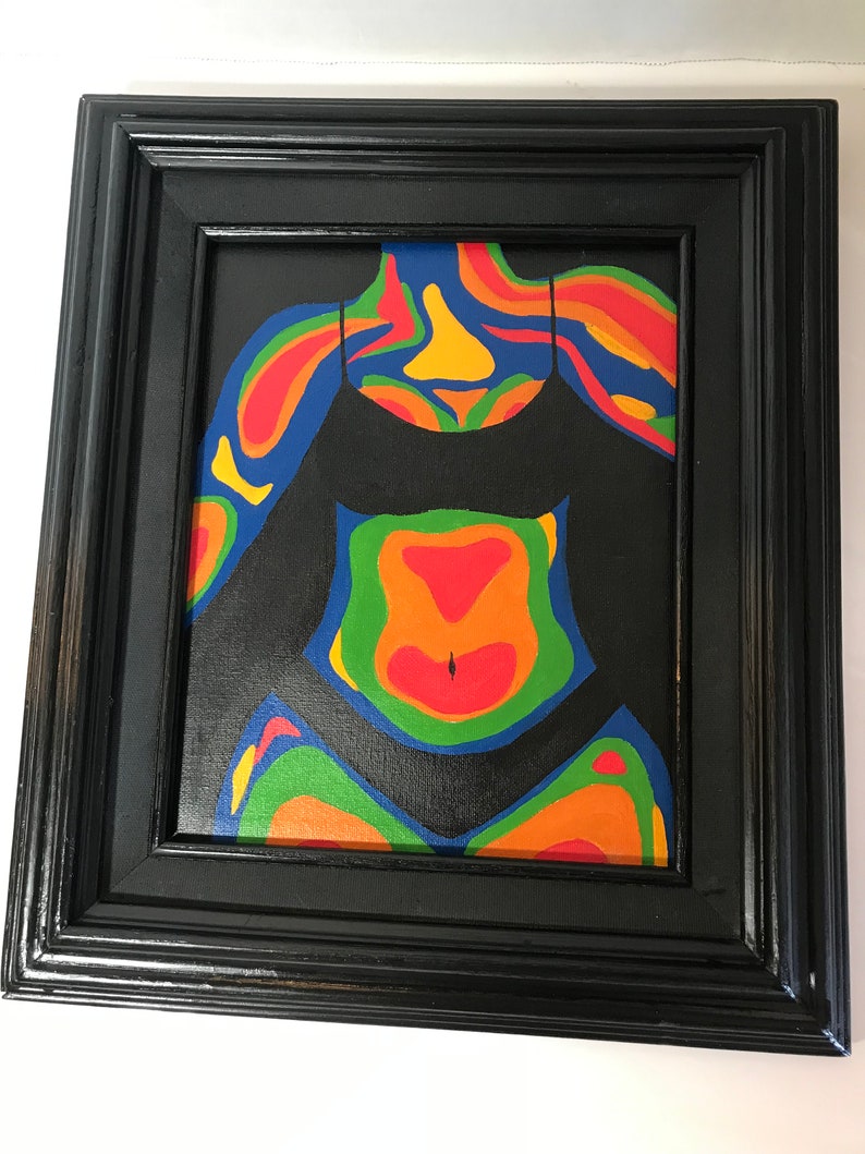 May include: A framed painting of a person's torso with a black tank top. The painting is done in a colorful abstract style with swirling lines and shapes in shades of red, orange, yellow, green, blue, and purple.