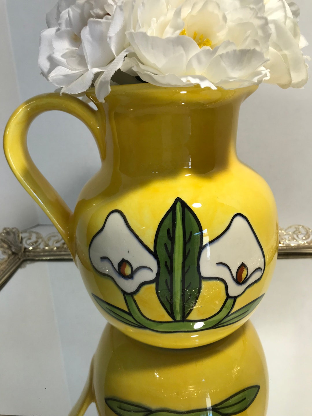 Yellow Ceramic Pitcher Vintage Yellow Hand Painted Pitcher Etsy