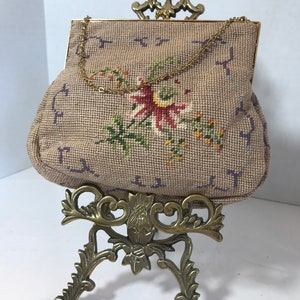 Vintage needlepoint floral handbag purse, Vtg taupe needlepoint petite point small handbag purse, Vtg petite floral needlepoint evening bag