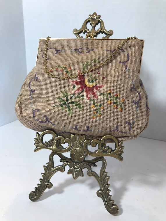 Vintage needlepoint floral handbag purse, Vtg taup