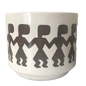 Maceta de cerámica artística vintage de 1979 de The Flower Shop, jarrón de cerámica de estudio firmado, maceta con figuras danzantes estilo mod de los 70, maceta de cerámica retro boho