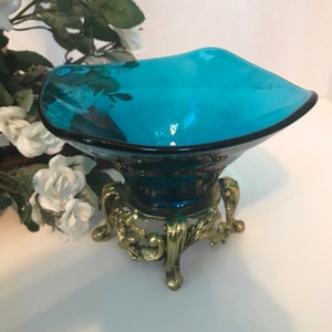 Vintage blue glass candy dish, Vintage blue glass compote, Vintage blue compote on gold metal base, Vintage square blue glass bowl pedestal.