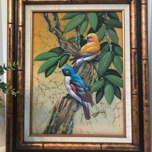Vintage original Gris bird painting, Vtg Gris original painting, Gris of Thailand signed vibrant bird painting, bird art, boho original art