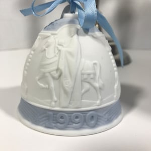 Vintage Lladro 1990 Christmas bell, Lladro 1990 ceramic bisque white and blue embossed bell ornament, Lladro white ceramic bell ornament