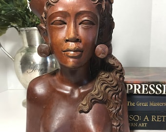 ヴィンテージの手彫り黒檀女性胸像：ミッドセンチュリーバリ美術